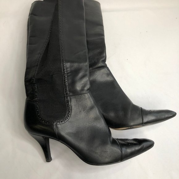 Audrey Brooke Black Leather Boots Heels - Picture 5 of 7